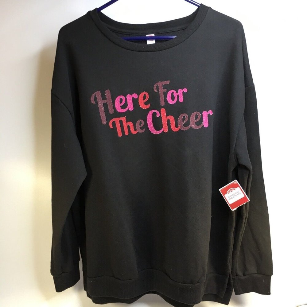 Womens Christmas Holiday Sweatshirt HERE FOR THE CHEER Ugly Sweater NWT Size XL